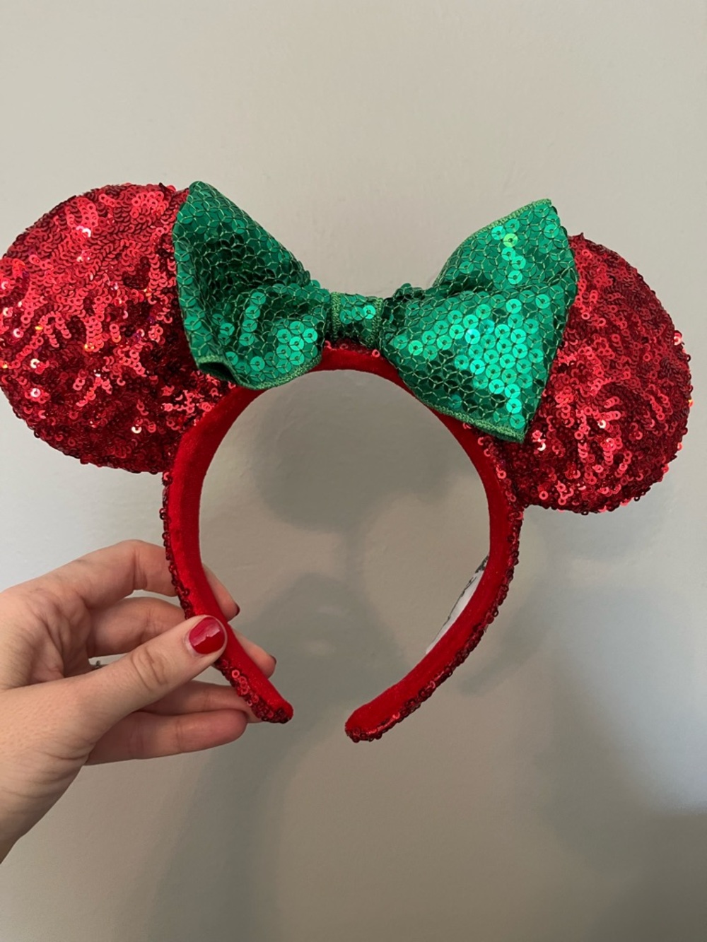 Sequin Red Minnie Ear Headband with Green Bow